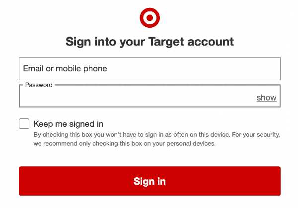 sign in Target card
